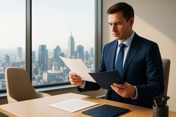 Fototapeta premium Business professional reading documents at office desk with cityscape background and soft light atmosphere, showcasing a modern corporate workspace.