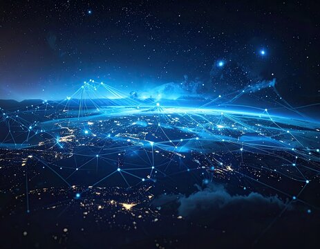 Global network over Earth; lights, dots, and lines