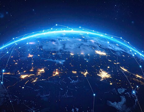 Earth lit with cities, networked by glowing connections
