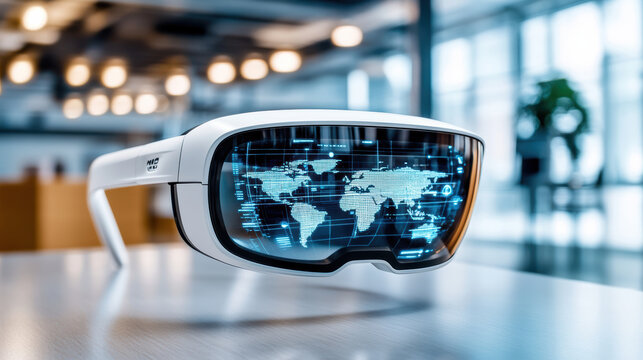 Futuristic smart glasses displaying digital world map with holographic elements