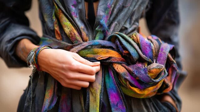 Close-Up of an Artistically Wrapped Colorful Scarf Tied Around a Dark Jacket, Showcasing Intricate Textures and Vibrant Hues, Conveying a Sense of Unique Fashion and Style