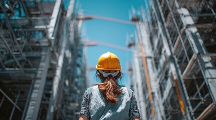 Construction worker in safety gear observes a towering scaffold in a bright and clear sky.