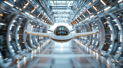Futuristic spaceship flying through high tech corridor with glowing lights and sleek design