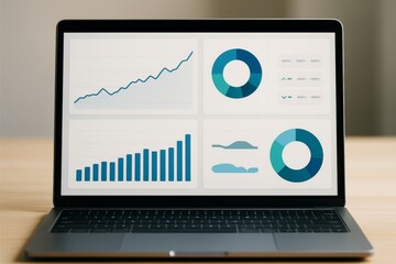 Laptop displaying various colorful data charts and graphs on screen, placed on wooden desk with light background for creative analytics concept. Ai generative