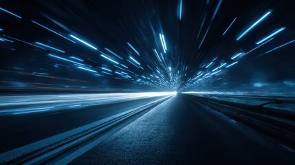 Dynamic cityscape at night showcasing vibrant blue light trails from moving vehicles on an urban road.