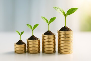 Stacked gold coins with growing green plants symbolizing financial growth and investment success on a soft light abstract background. Ai generative