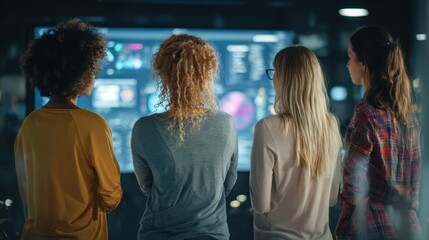 Four women analyze digital data on a large screen, showcasing teamwork and innovation in a modern workspace.