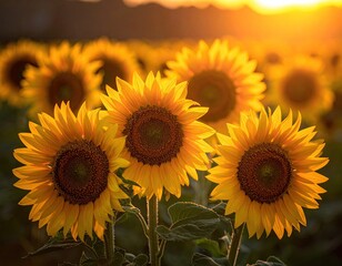 Fototapeta premium Sunflowers in field, lit by warm, golden sunset light