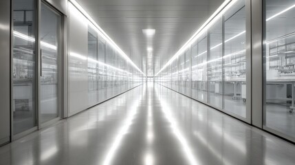 Fototapeta premium Futuristic corridor with reflective floor and sleek glass walls, creating an impression of depth and modern design.