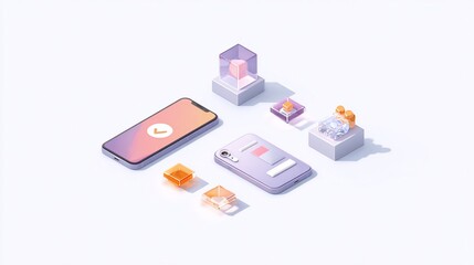 Isometric phone with approval check mark, digital objects, on white background, for app UI design