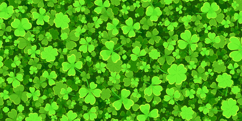Shamrock or green clover leaves pattern background flat design vector illustration. St Patrick Day shamrock symbols decorative elements horizontal pattern texture.