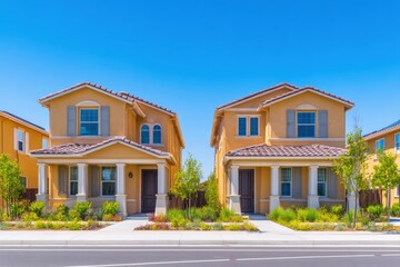 Fototapeta premium Two modern suburban houses with well-maintained gardens on a sunny day, showcasing vibrant landscaping