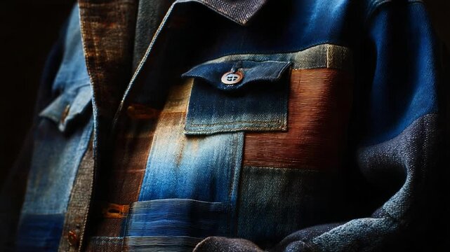 A Detailed Look at a Fashionable Denim Jacket Showcasing Unique Patchwork Designs with Rich Textures, Color Variations, and Button Accents Perfect for Contemporary Styles