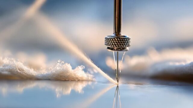 A Close-Up Exploration of a Precision Tool in Action, Capturing the Intricate Details of a Needle and Fabric with Soft Lighting and Fluid Motion