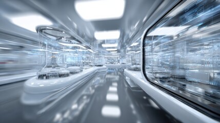 Futuristic laboratory interior showcasing advanced technology and sleek design in a high-tech environment.