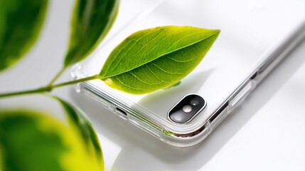 Phone with clear case, leaf on top, shot indoors with white background, for nature tech