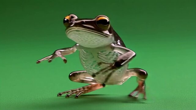 Curious amphibian with large eyes poised for action against a vibrant green background