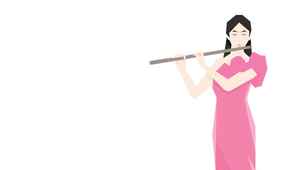Isometric Woman plays the flute. Flute woodwind orchestral instrument. Flat Background.