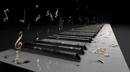 Piano keys with floating golden music notes against a dark background, symbolizing music creation