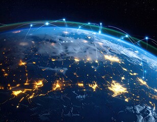 Earth from space, glowing cities, network lines across globe