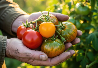 Harvest Bounty: A pair of weathered hands cradles a vibrant assortment of freshly picked tomatoes, showcasing the colors and textures of nature's abundance, a true feast for the eyes.