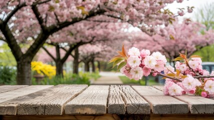 Pink cherry blossoms placed on a rustic wood plank table, featuring a beautiful blurred springtime avenue background