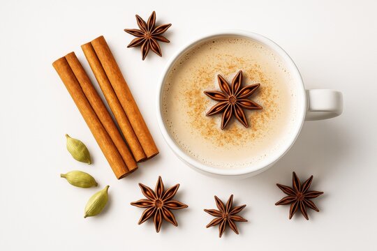 Spiced chai latte with star anise, cinnamon sticks, and cardamom on light background, top view composition with warm drink concept. Ai generative