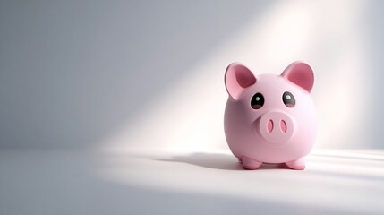 Pink piggy bank stands with its sad eyes looking to the light, saving