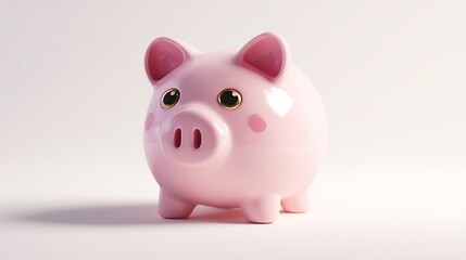 Pink piggy bank stands alone, casting a shadow on a white background, suggesting savings