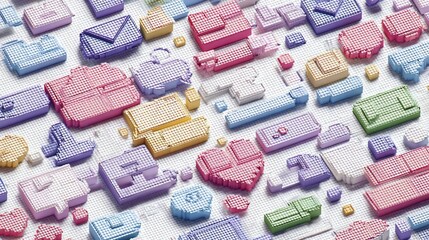 Pixelated icons scattered on white surface, representing digital communication & data use