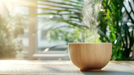 Fototapeta premium Steaming bowl of herbal tea sits table, surrounded by lush greenery, creating serene atmosphere