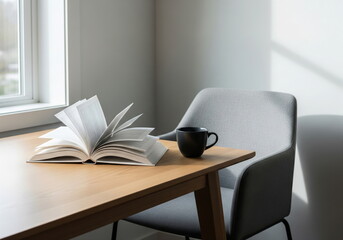 Reading Nook with Serenity: A cozy reading nook bathed in soft natural light. An open book invites exploration and intellectual curiosity, next to a cup, creating a sense of comfort and focus.