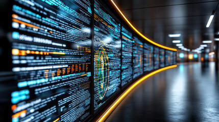 High tech data visualization glowing in modern corridor with digital displays