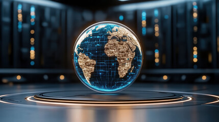 Glowing holographic globe displaying continents dark room, showcasing advanced technology