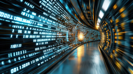 Digital tunnel with glowing binary code flowing through