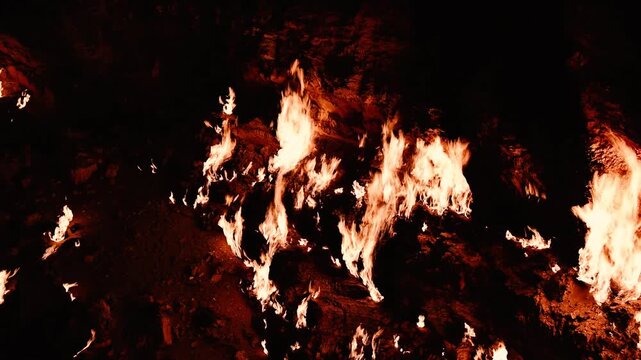 Closeup view of flames in the Darvaza Gas Crater in Turkmenistan