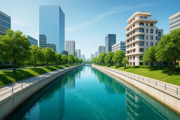 Modern city skyline with canal, green trees, and glass buildings under clear blue sky in bright daylight, showing clean urban environment concept. Ai generative