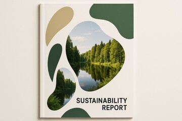 Eco-themed sustainability report cover design with abstract shapes and forest river landscape on light minimal background. Ai generative. Ai generative