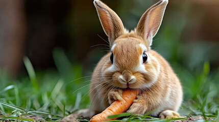Fototapeta premium Cute rabbit eating carrot in garden, natural daylight, joyful expression