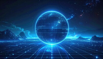 Abstract Blue Glowing Orb with Geometric Patterns on a Dark Background with Mountains and Stars