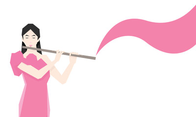 Isometric Woman plays the flute. Flute woodwind orchestral instrument. Flat Background.