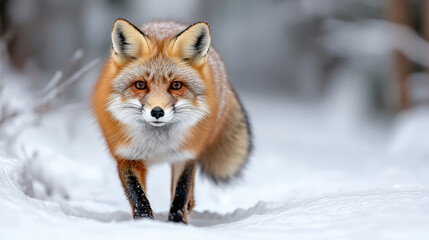 Obraz premium Fox walking through snowy forest, showcasing its warm fur against cold environment