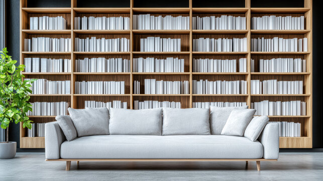 Elegant modern living room with cozy sofa and large bookshelf filled with white books - Powered by Adobe