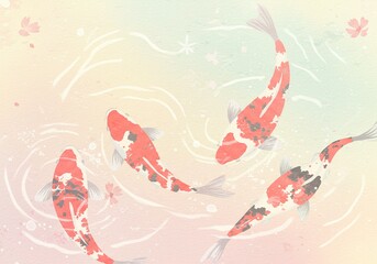 Koi Fish Swimming in Pond Artistic Watercolor Painting.