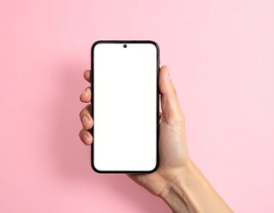 Hand Holding Black Smartphone with Blank White Screen on Pink Background