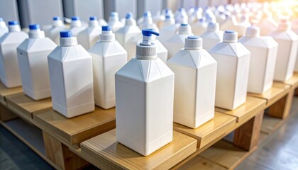 White Plastic Bottles with Blue Caps on Wooden Pallets
