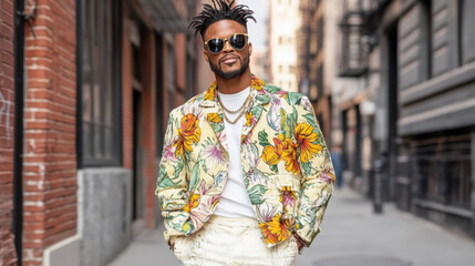 Fototapeta premium Stylish man wearing floral jacket and sunglasses on urban street