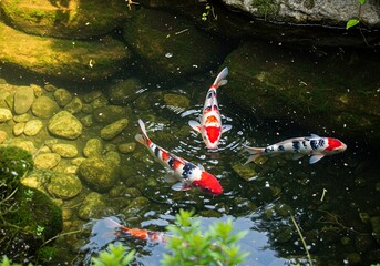 Koi Fish Swimming in a Tranquil Pond with Rocks and Plants.