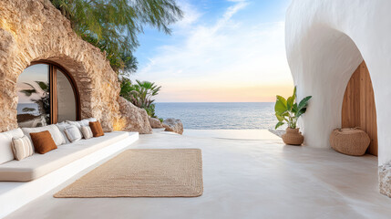 Obraz premium Luxurious Mediterranean villa with stone walls, arched windows, and stunning ocean view