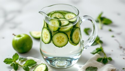 a tall glass pitcher filled with sliced cucumbers and ice cubes is prominently displayed in the center of the image, placed on a table